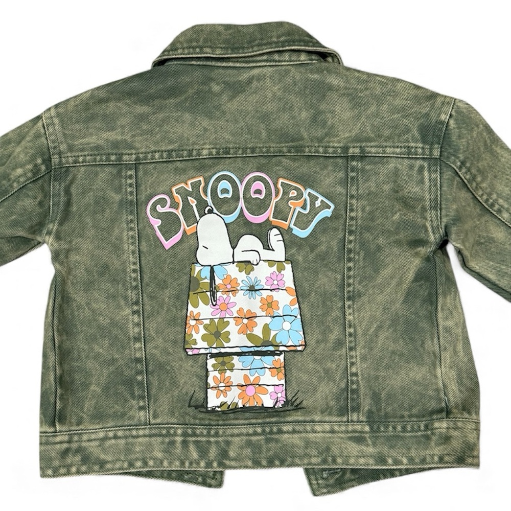 Peanuts Green Denim Jacket Acid Wash With Snoopy Graphic Toddler Girl's Size 2T✨